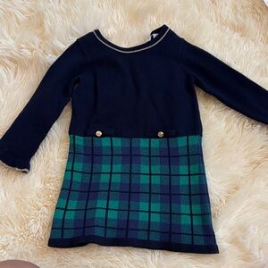 Navy and Green Plaid Dress with Gold Accents